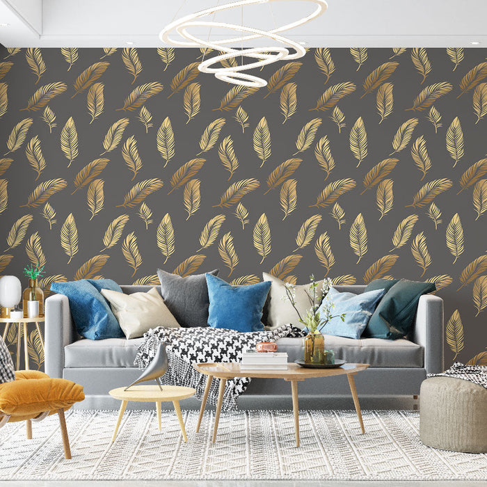 Tapéta arany tollak | Elegáns toll minták szürke háttéren