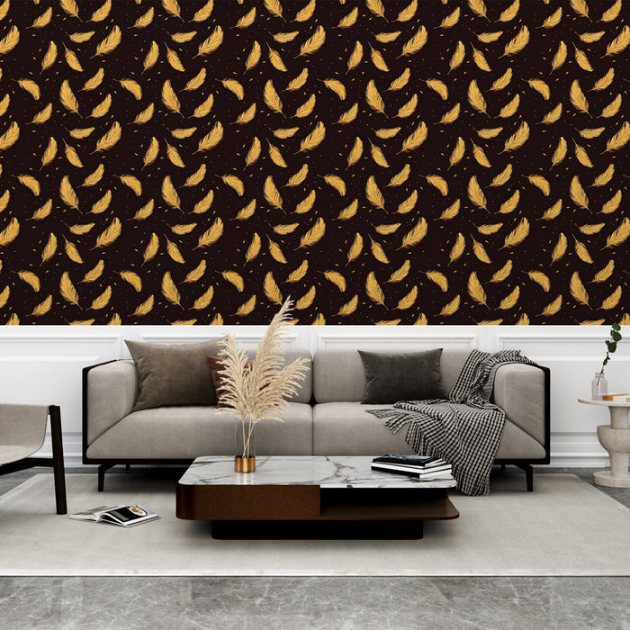 Fényképes tapéta arany tollakkal | Egy elegáns arany tollak mintája sötét háttéren