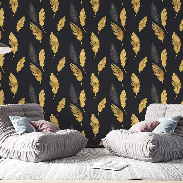 Fotótapé arany tollak | Egy elegáns tollak motívuma sötét háttéren