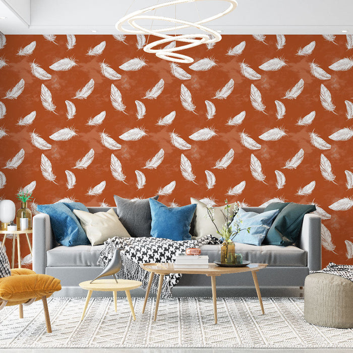 Carta da parati a piume | Foglie bianche su sfondo terracotta