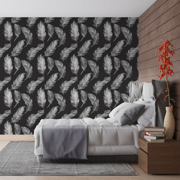 Fototapet tüyler | Beyaz tüy deseni ve güzel siyah arka plan