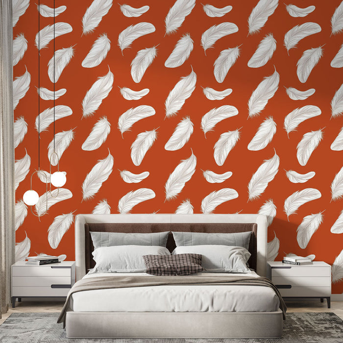 Tapetti höyhenet | Valkoiset höyhenet kuvio ruosteisella taustalla