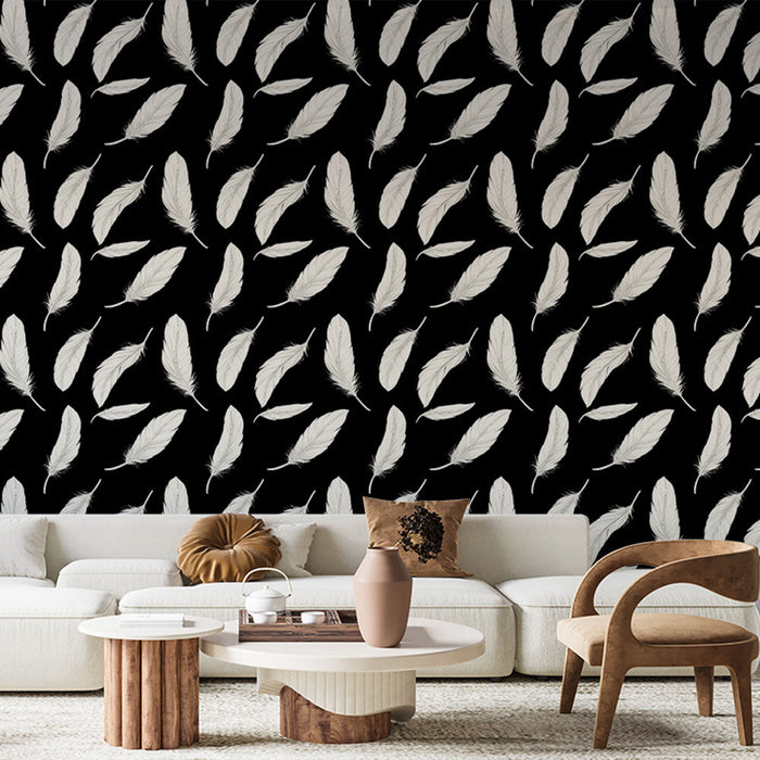 Tapete plumes | Motif de plumes blanches tombantes sur fond noir