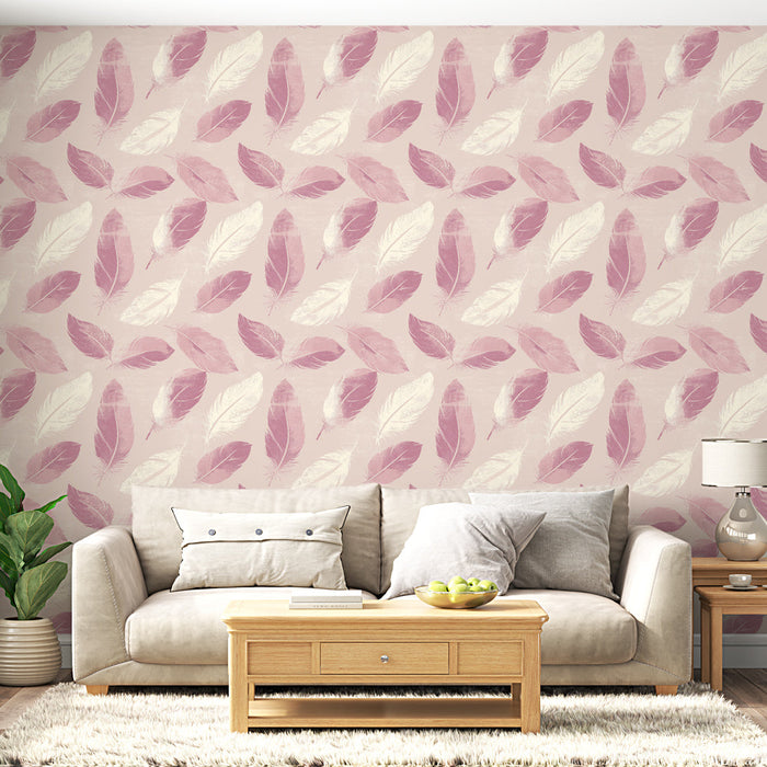Tapeta z piórami | Motyw różowych i białych piór na delikatnym tle