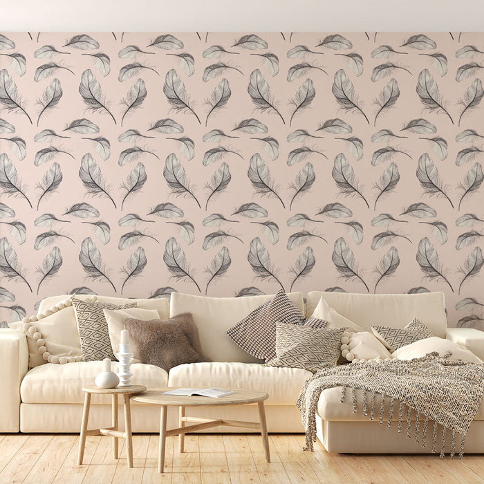 Mural Wallpaper feathers | Feather pattern on a light pink background