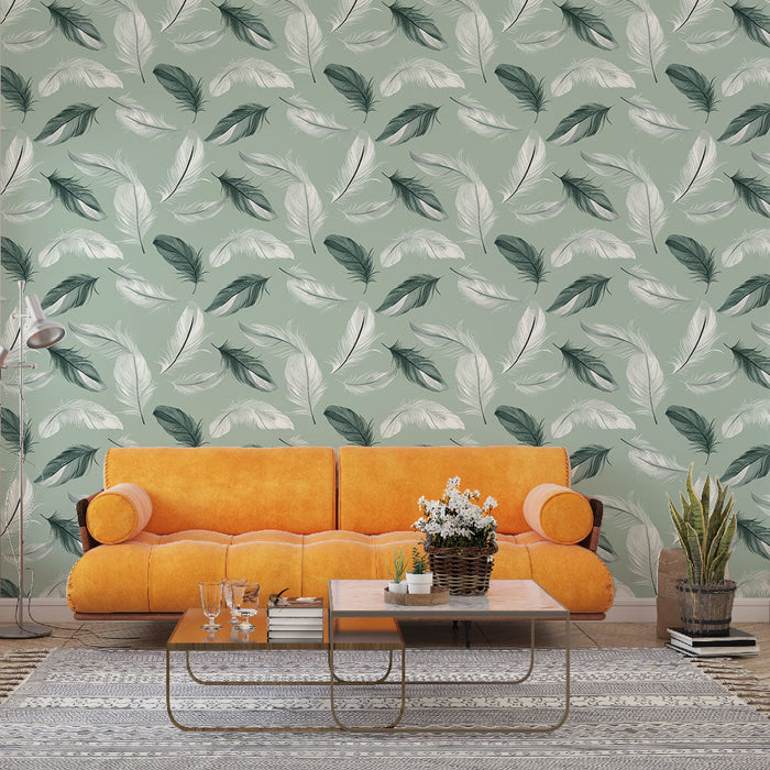 Mural Wallpaper feathers | Delicate feather patterns on a green background