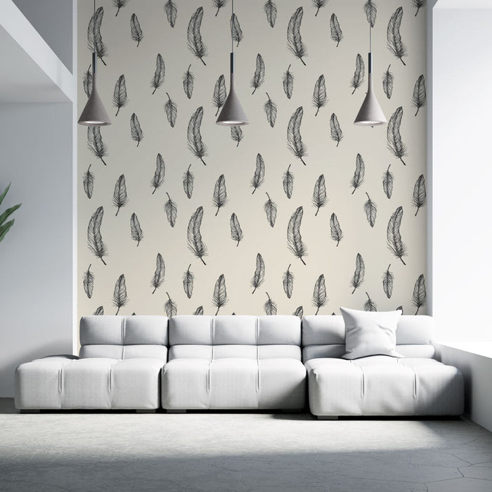 Papel pintado de plumas | Patrones elegantes de plumas negras sobre un fondo crema
