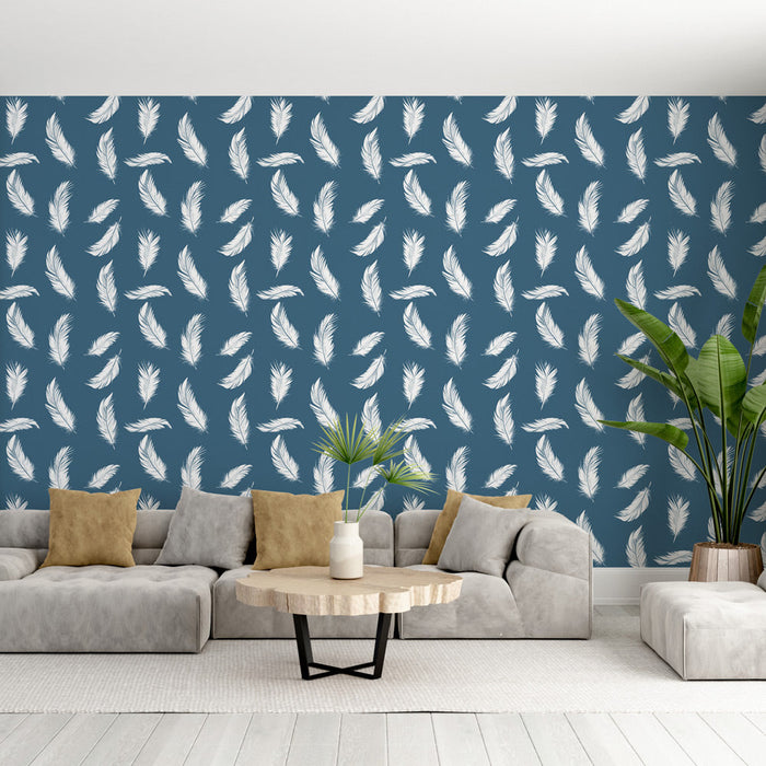 Fototapet fjädrar | Vita fjädrar på lugn blå bakgrund