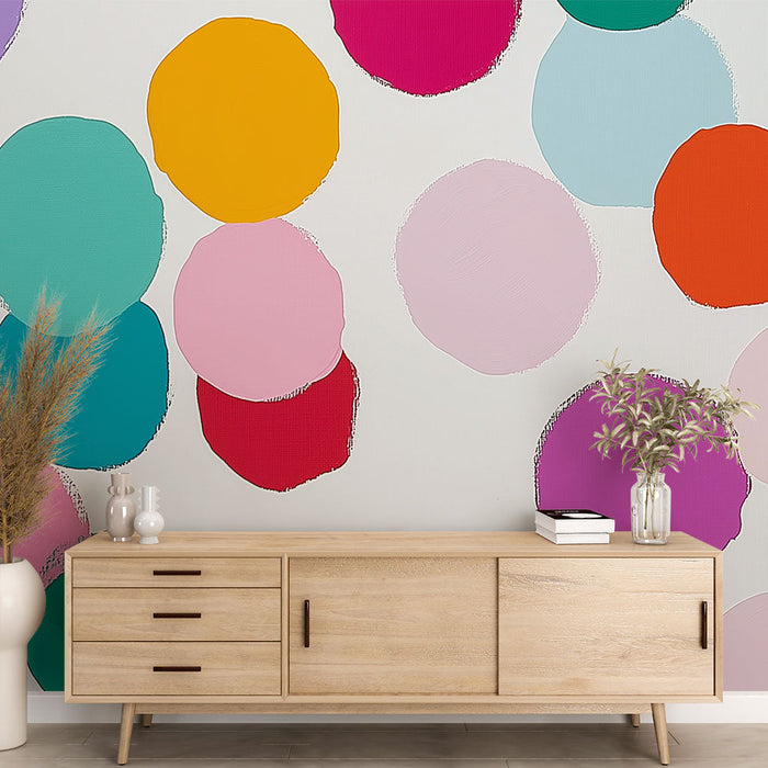 Tapetti moniväriset-pisteet | leikkisä kuvio värikkäistä ympyröistä valkoisella taustalla