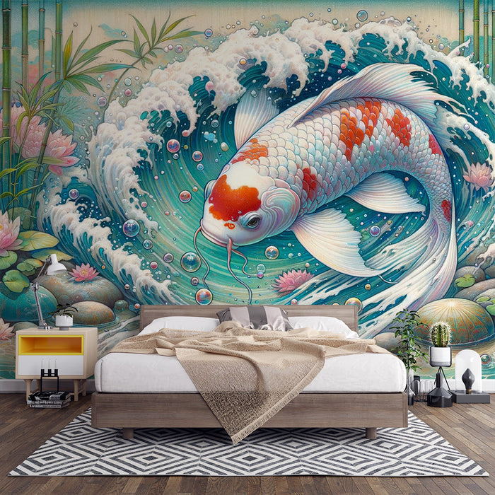 Papel de parede com mural de peixes japoneses | Carpas Koi brancas e laranjas