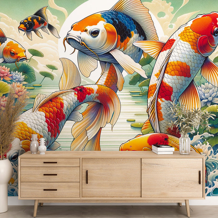 Papel de parede Mural de Peixes Japoneses | Carpas Koi, Lótus e Pôr do Sol