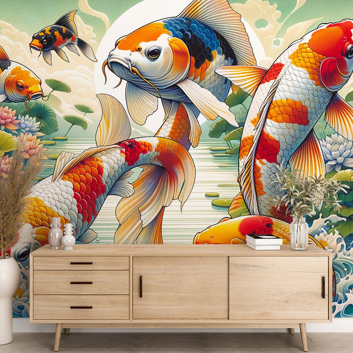 Japanese Fish Mural Wallpaper Koi Carp, Lotus, and Sunset