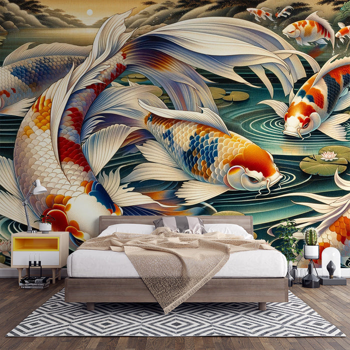 Papel de parede com mural de peixes japoneses | Carpas Koi em tons opacos