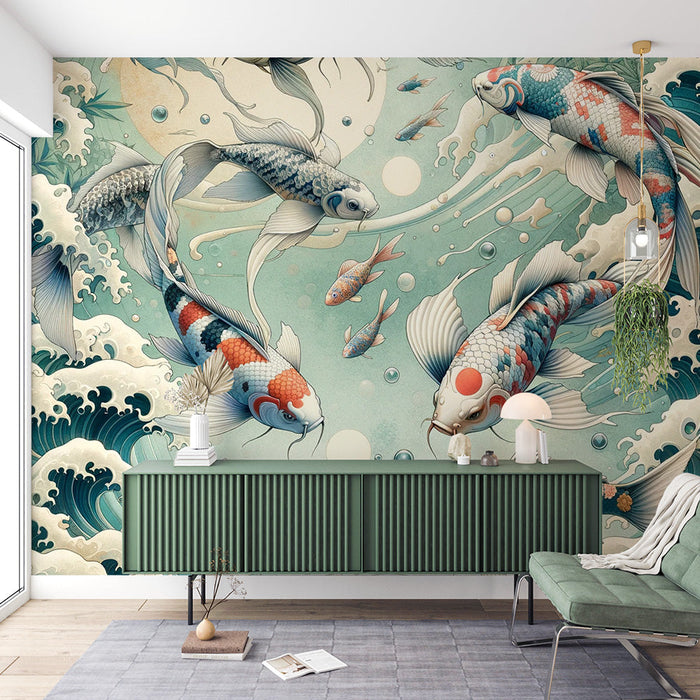 Papel de parede com Mural de Peixes Japoneses | Carpas Koi e Onda Japonesa