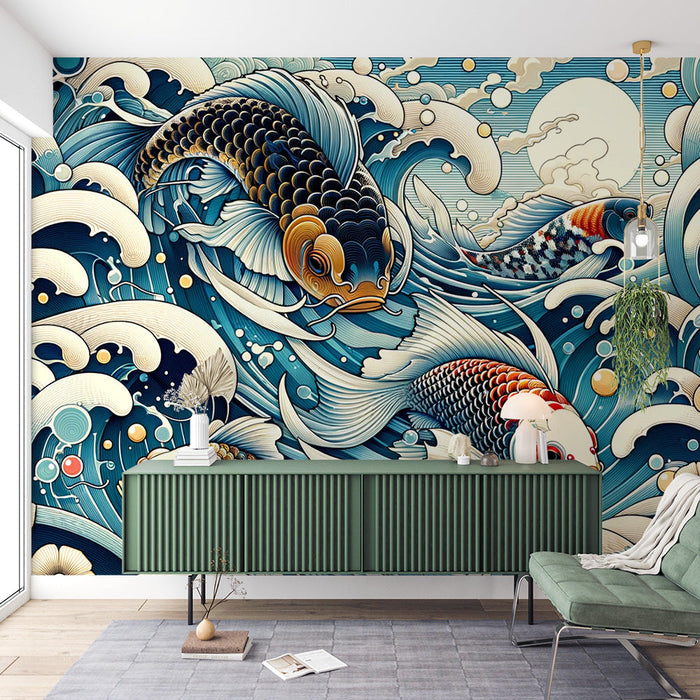 Papel pintado de murales de peces japoneses | Diseño animado de carpas koi