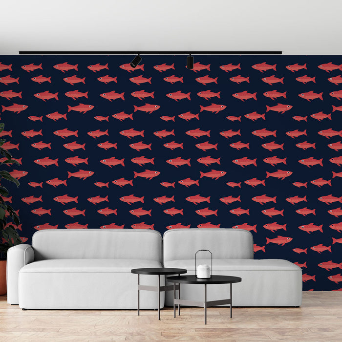 Papel de parede mural peixe | Padrão de peixe vermelho em fundo azul-marinho