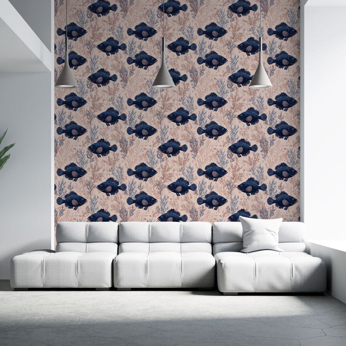 Papel de parede mural peixe | Padrão de peixe preto em fundo rosa com elementos aquáticos