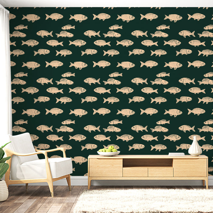 Mural Wallpaper fish | Stylized fish patterns on dark green background