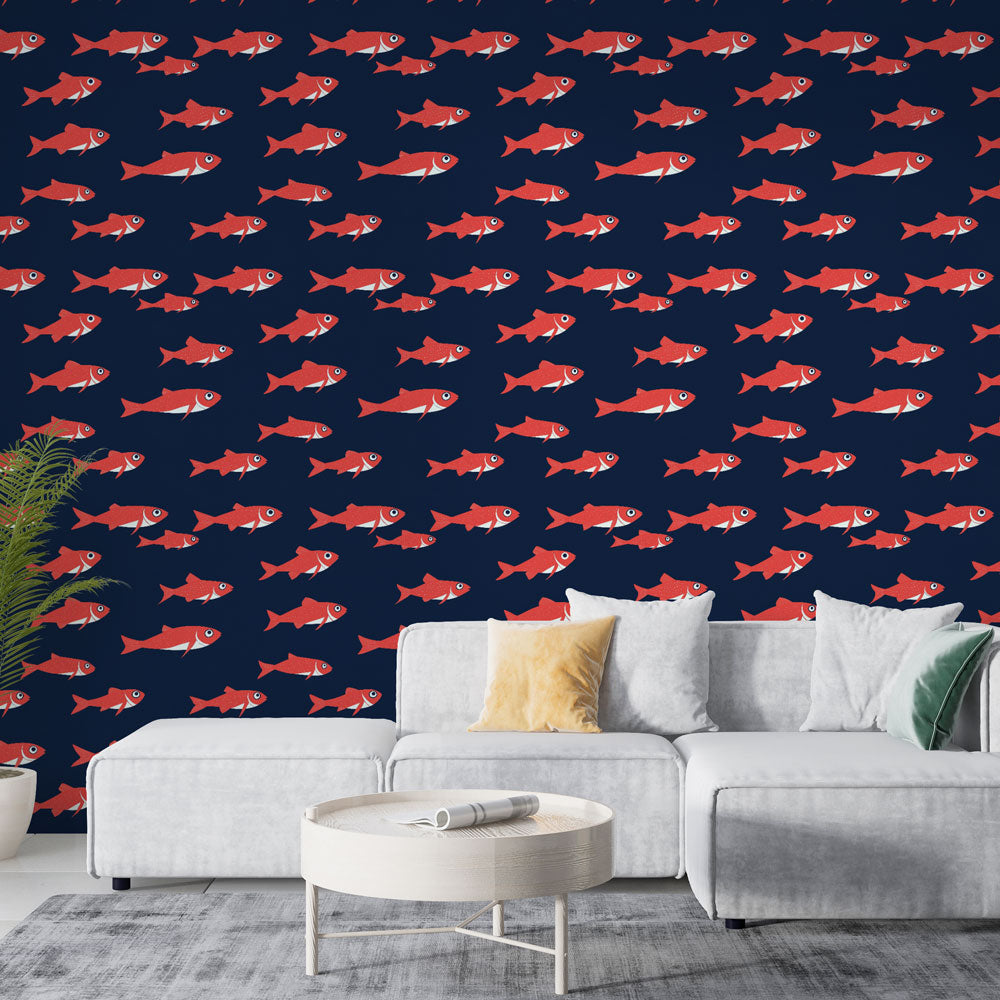Mural Wallpaper poissons rouges | Motif amusant de poissons rouges sur ...