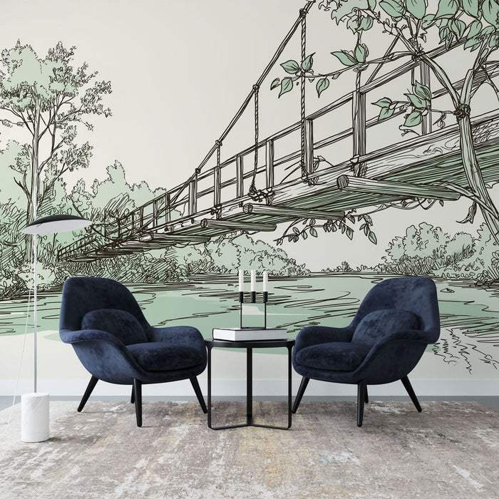 Fototapete Hängebrücke | Zarte Illustration einer Holzbrücke umgeben von Grünzeug