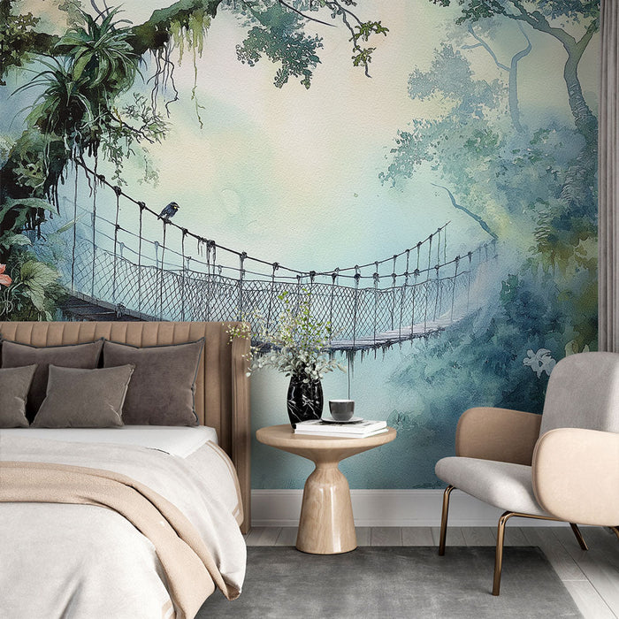 Fototapet hengebro | Et tåkete tropisk landskap med en hengebro og frodig vegetasjon