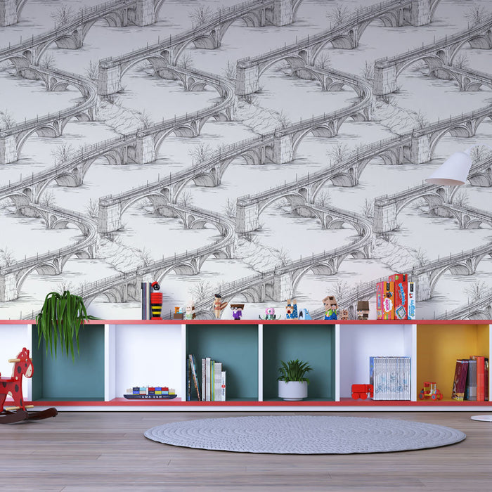 Papel pintado vintage puentes | Ilustraciones delicadas de puentes en bocetos monocromáticos