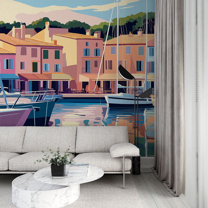 Mural Wallpaper marina | Boats and Mediterranean houses