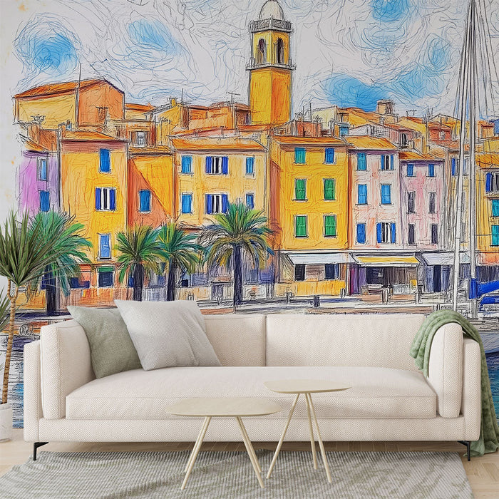 Muralová tapeta Středomořský přístav | Barevná scéna domů a plachetnic