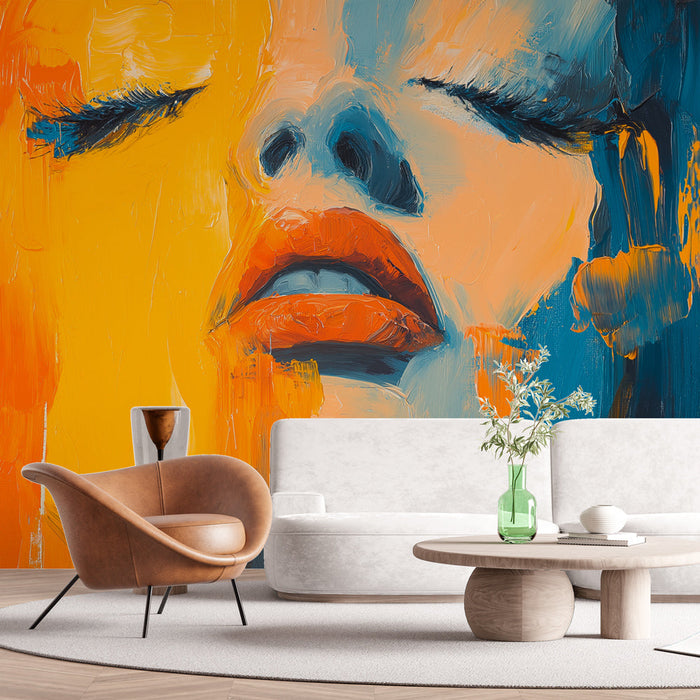 Mural Wallpaper abstract portrait | Softly colored face with bursts of blue and orange