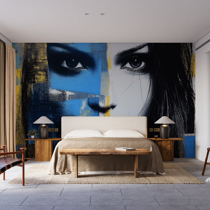 Mural Wallpaper abstract portrait | Female face with touches of blue and yellow