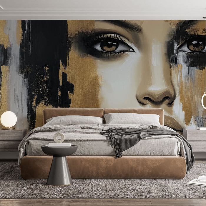 Mural Wallpaper abstract portrait | Stylized female face in black and gold