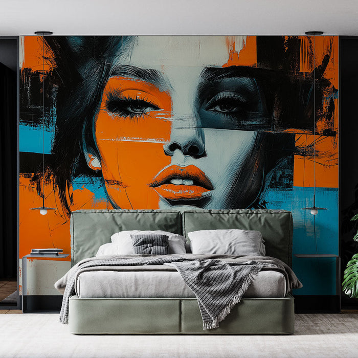 Mural Wallpaper abstract portrait | Vibrant female face in orange and blue