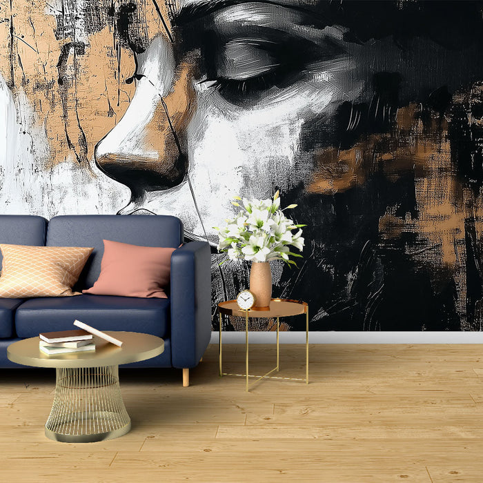 Mural Wallpaper abstract portrait | Stylized face in black and gold