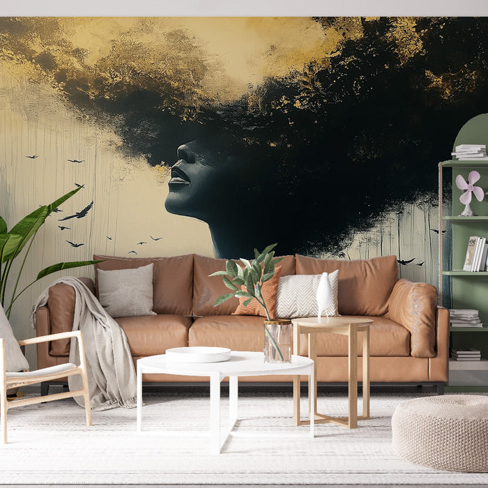 Художествен тапет портрет | Женски силует с облаци и летящи птици