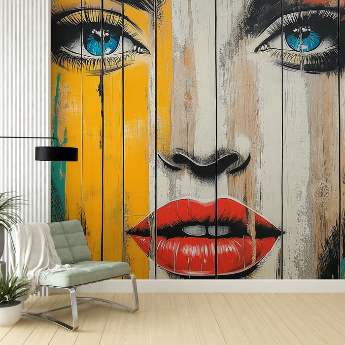 Mural Wallpaper artistic portrait | Colorful face with bright eyes and red lips