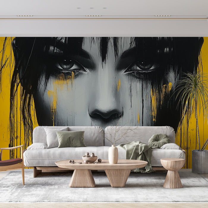 Mural Wallpaper artistic portrait | Expressive face on vibrant yellow background