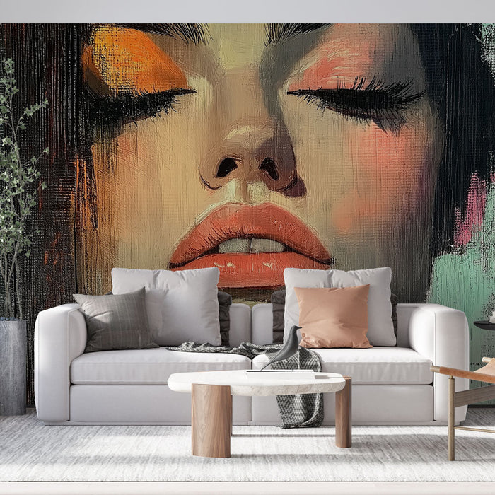 Mural Wallpaper artistic portrait | Female face with vibrant color accents