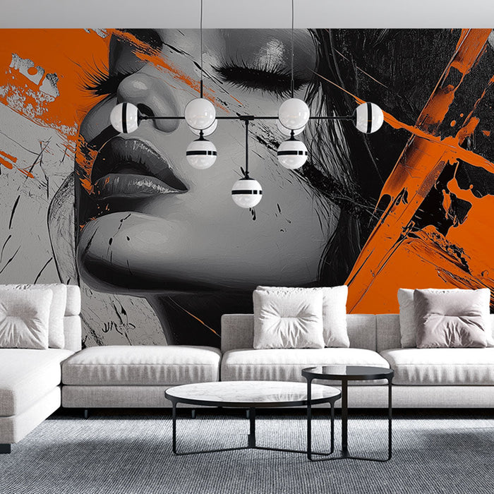 Mural Wallpaper artistic portrait | Female face with orange and black splashes