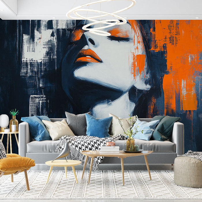 Mural Wallpaper artistic portrait | Stylized female face with vibrant orange touches