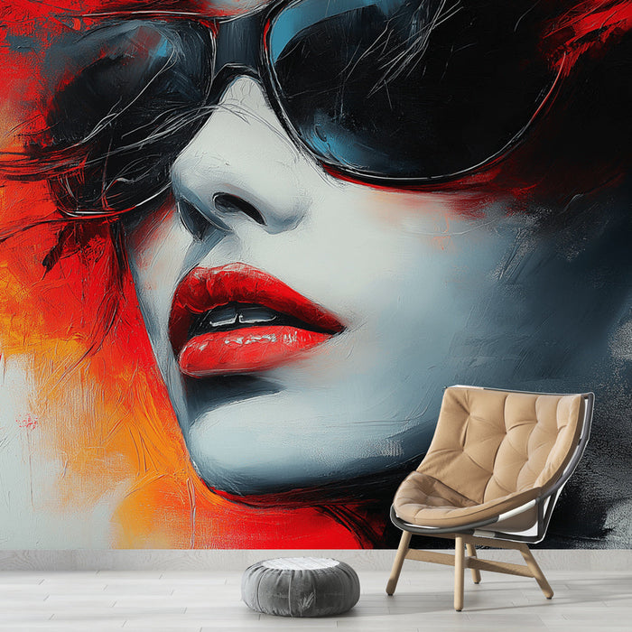 Mural Wallpaper artistic portrait | Vibrant female face with sunglasses