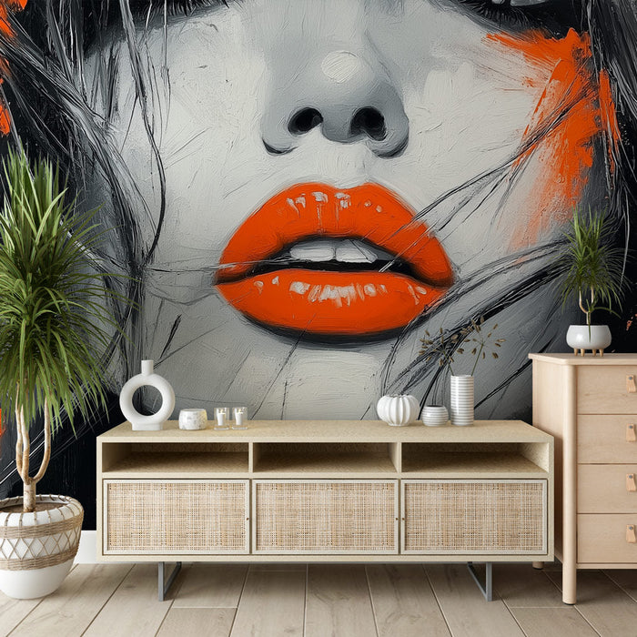 Mural Wallpaper artistic portrait | Face woman with bold orange lips