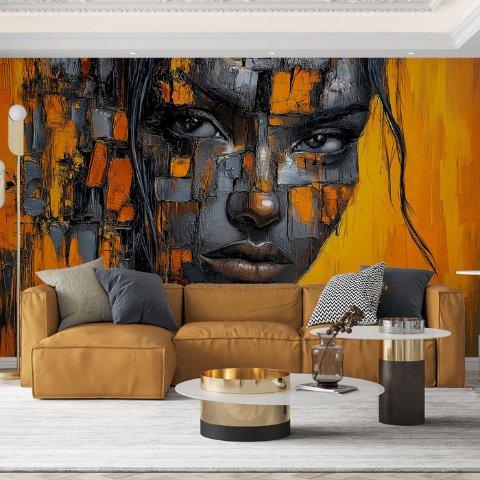 Mural Wallpaper artistic portrait | Stylized face with orange and gray tones