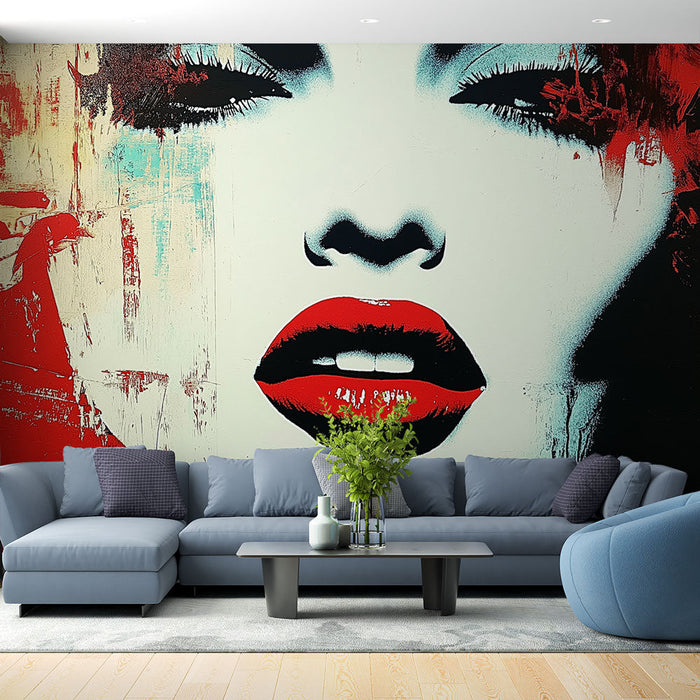 Mural Wallpaper artistic portrait | Stylized face on bright red background