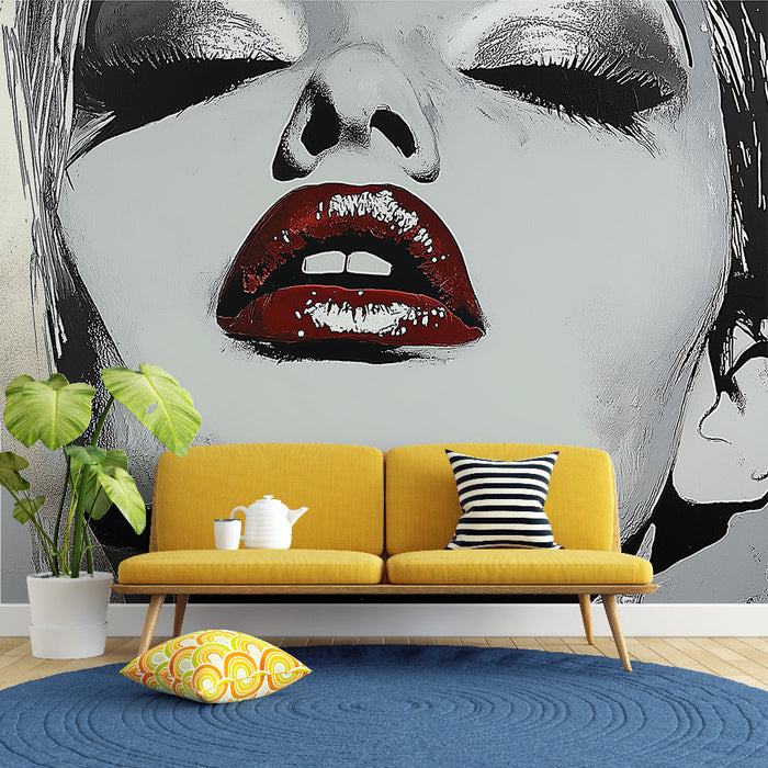 Mural Wallpaper female portrait | Woman's face with bright red lips