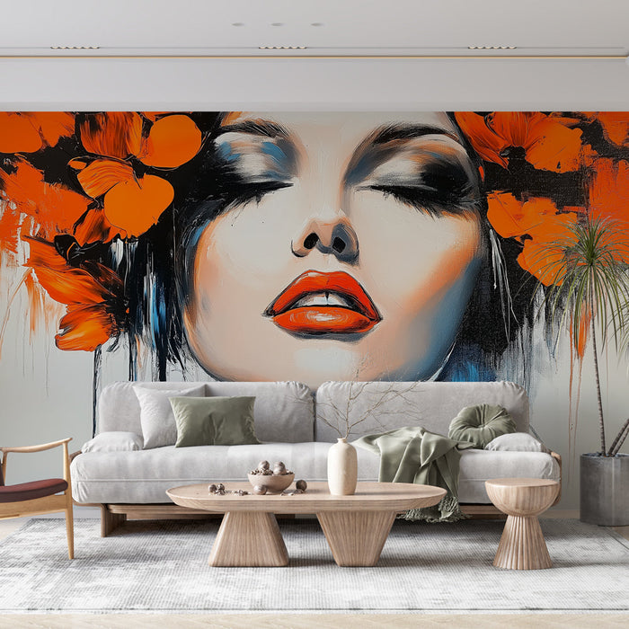 Tapetti kukkainen muotokuva | Taiteellinen muotokuva oransseilla kukilla