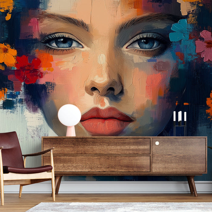 Mural Wallpaper floral portrait | Stylized face surrounded by colorful flowers