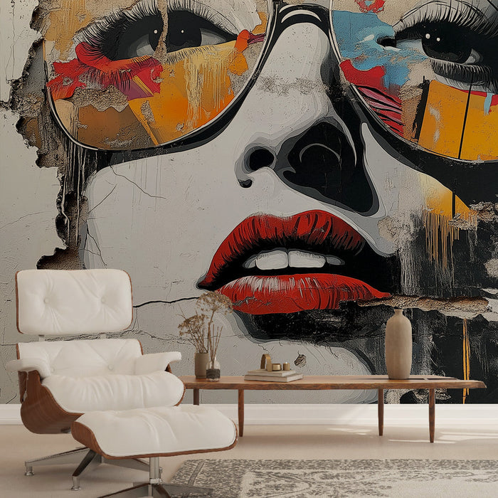 Tapeta moderni portret | Stiliziran obraz s pisanim očali in barvnimi madeži