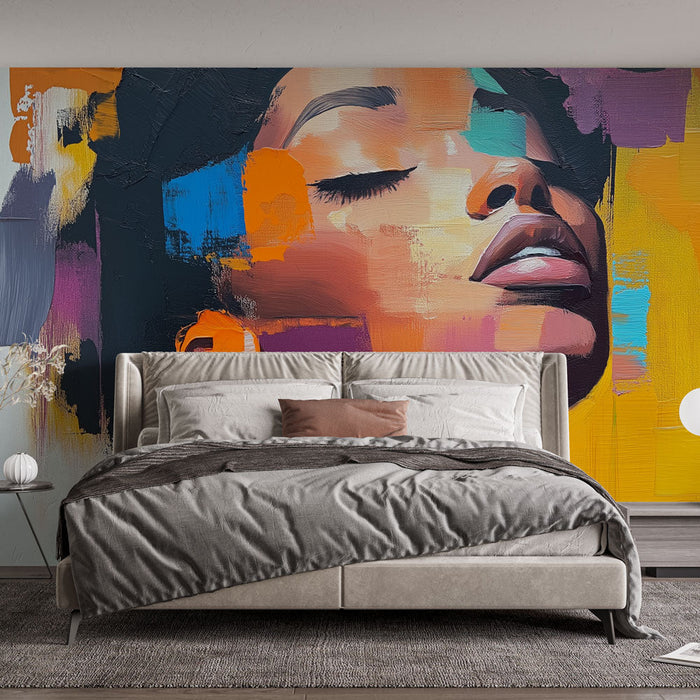 Ταπετσαρία τοιχογραφία πορτραίτο | Πολύχρωμο πορτραίτο μιας γυναίκας με μοντέρνες πινελιές