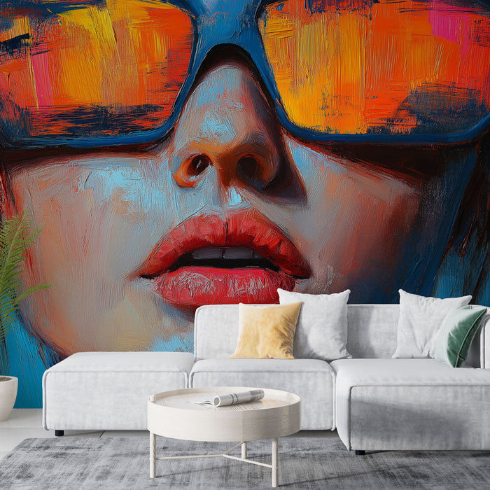 Falfestmény stílusú portré | Női arc tükröződő szemüveggel és élénk színekkel