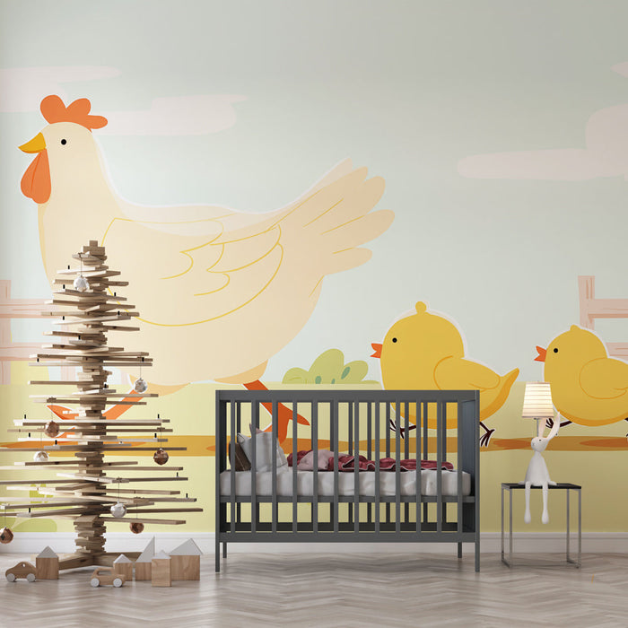 Fototapet tavuk ve civcivler | Tavuğun civcivleri ile yürüdüğü çekici bir illüstrasyon